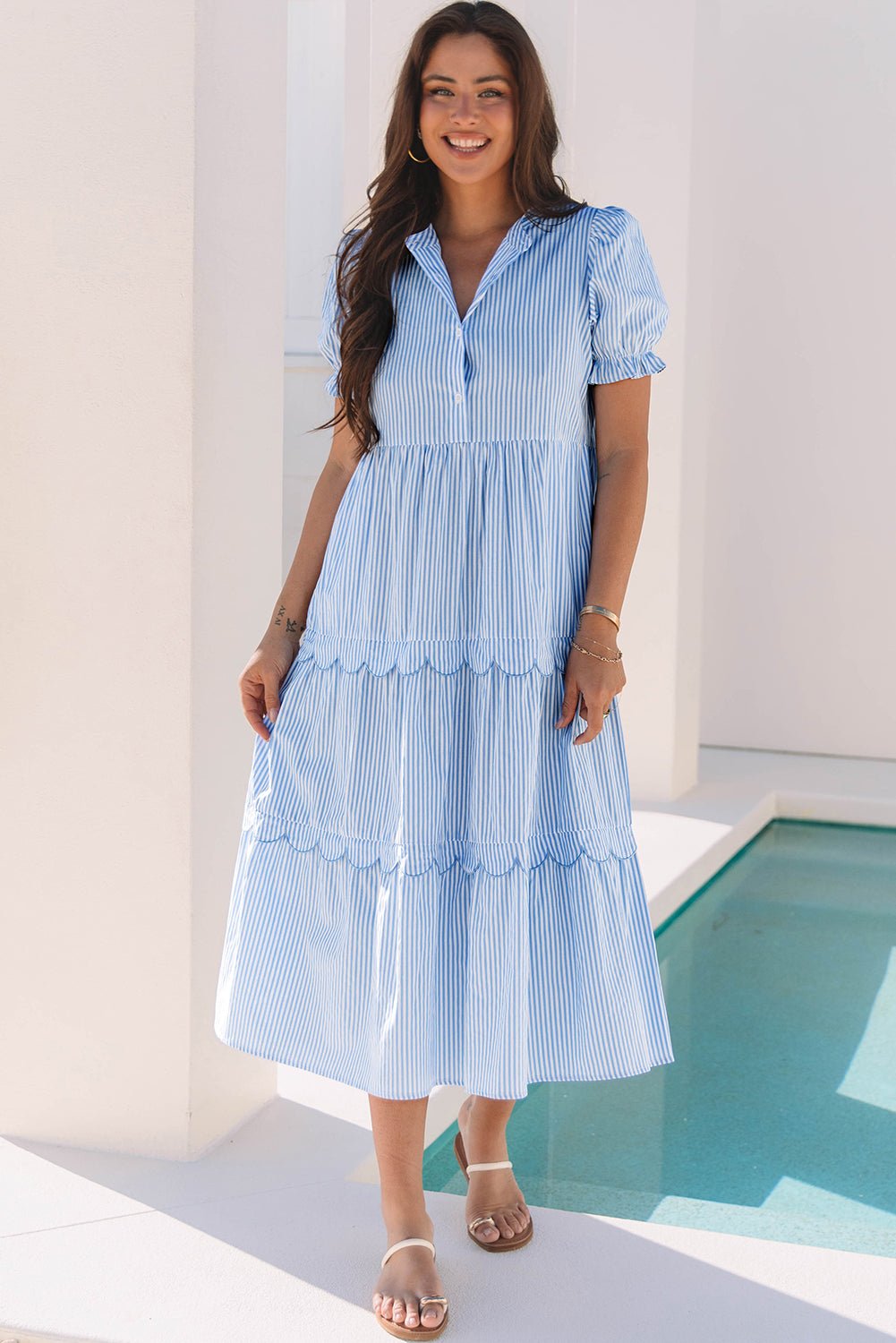 Sky Blue Stripe Bubble Short Sleeve Tiered Scallop Long Dress - Chaelisa's New Jammies