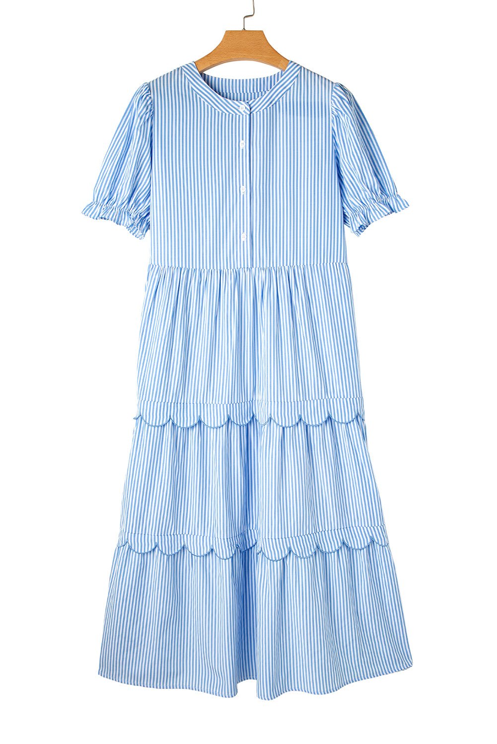 Sky Blue Stripe Bubble Short Sleeve Tiered Scallop Long Dress - Chaelisa's New Jammies