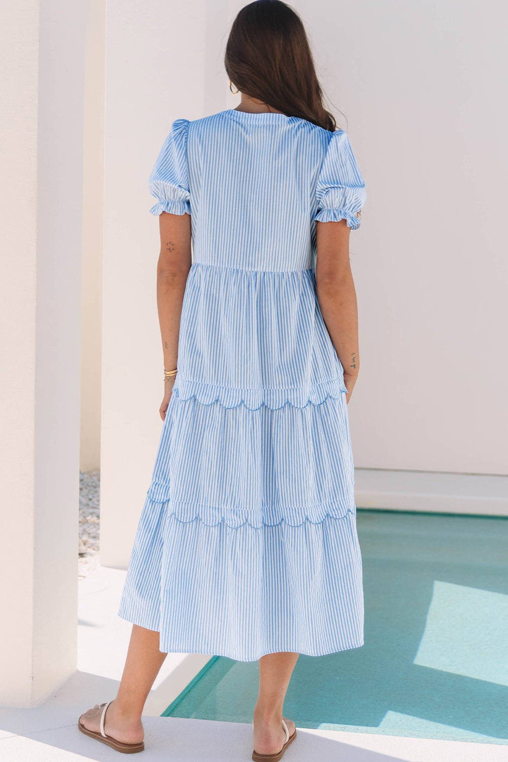 Sky Blue Stripe Bubble Short Sleeve Tiered Scallop Long Dress - Chaelisa's New Jammies