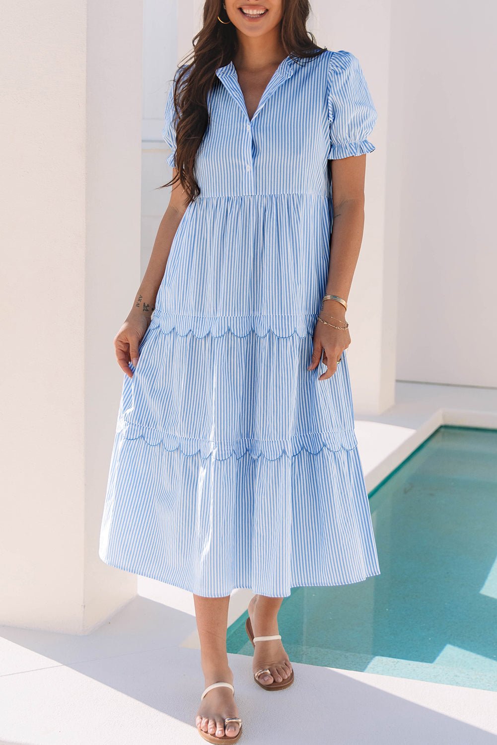 Sky Blue Stripe Bubble Short Sleeve Tiered Scallop Long Dress - Chaelisa's New Jammies