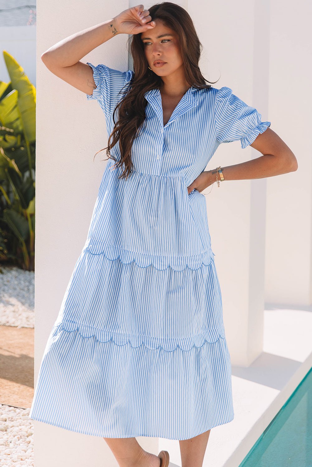 Sky Blue Stripe Bubble Short Sleeve Tiered Scallop Long Dress - Chaelisa's New Jammies