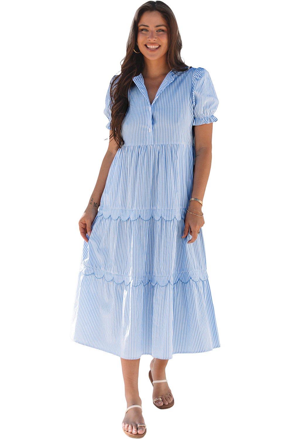 Sky Blue Stripe Bubble Short Sleeve Tiered Scallop Long Dress - Chaelisa's New Jammies
