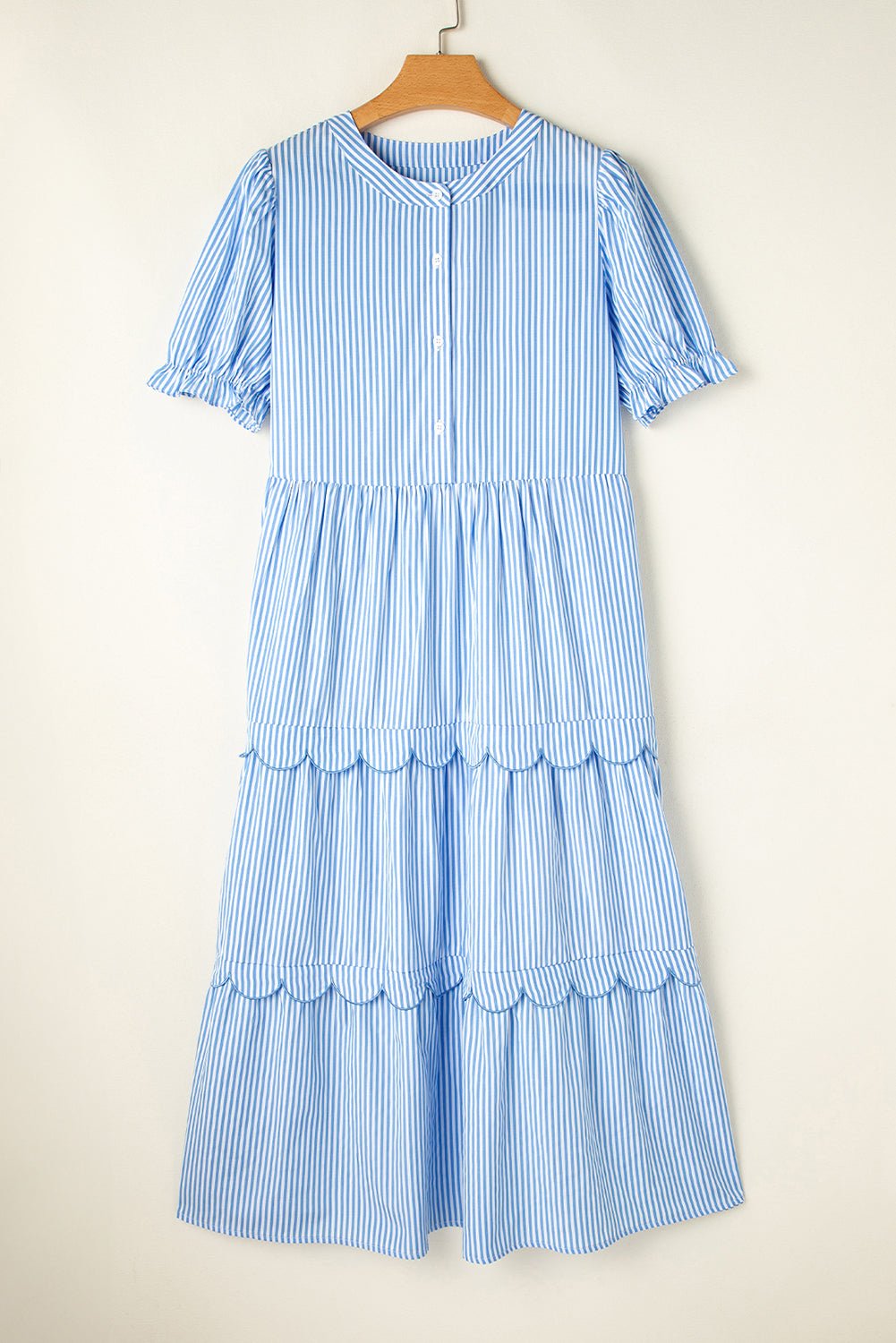 Sky Blue Stripe Bubble Short Sleeve Tiered Scallop Long Dress - Chaelisa's New Jammies