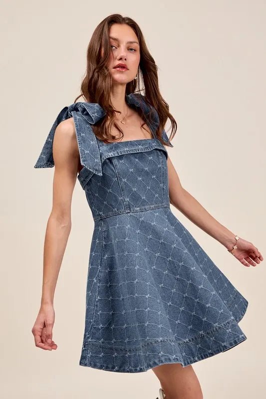 SO ME A Line Fit and Flare Diamond Bow Ribbon Denim Dres - Chaelisa's New Jammies