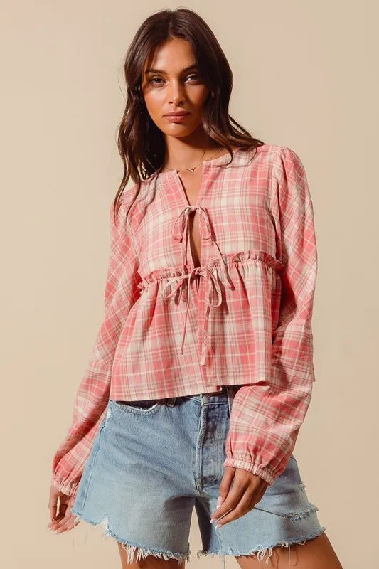 SO ME Front Tie Checkered Plaid Blouse - Chaelisa's New Jammies