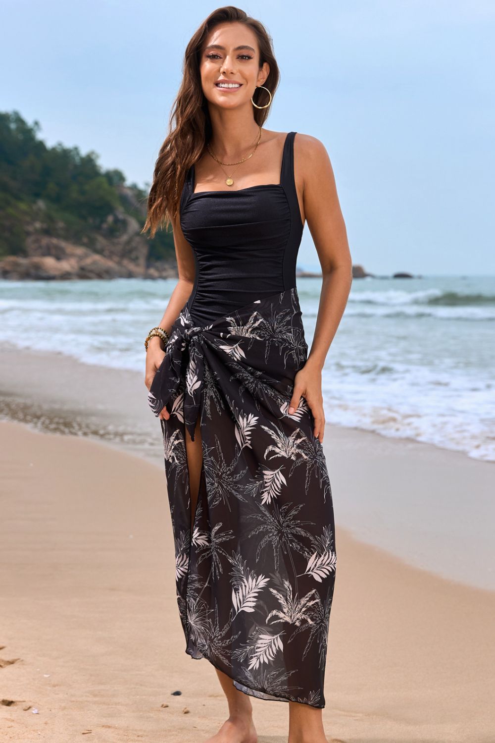 Square Neck Printed One - Piece Swimwear and Cover Up Swim Set - Chaelisa's New Jammies