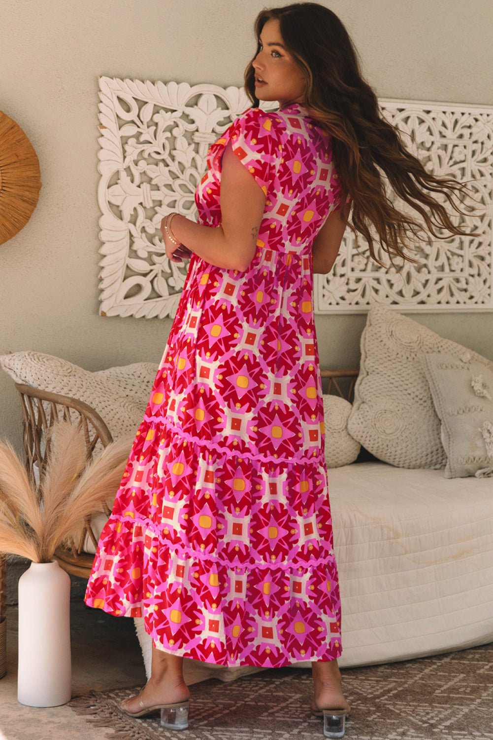 Strawberry Pink Geo Print V - neck Maxi Dress - Chaelisa's New Jammies