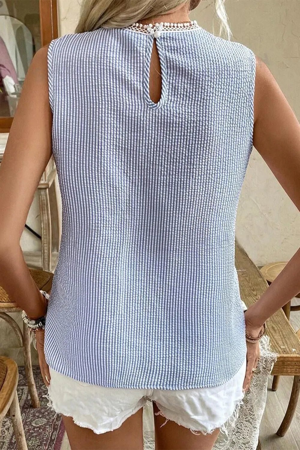 Stripe Lace Patchwork Crew Neck Sleeveless Top - Chaelisa's New Jammies