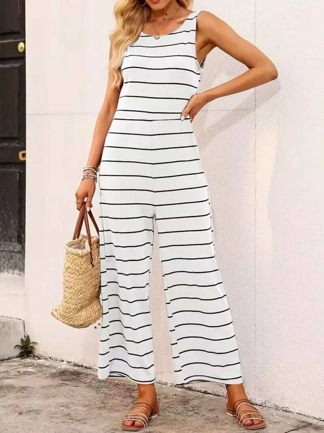 Striped Round Neck Wide Leg Jumpsuit - Chaelisa's New Jammies