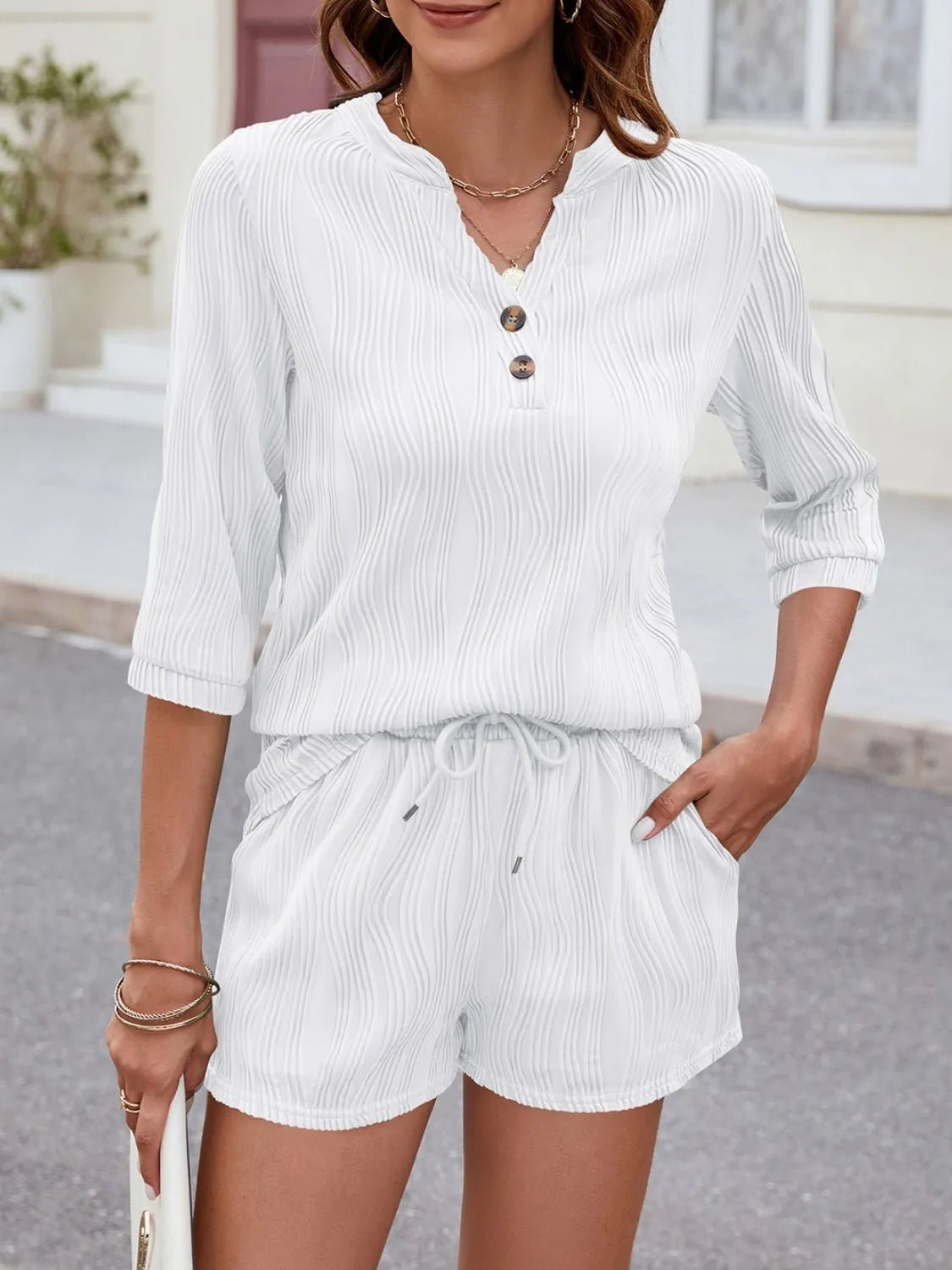 Textured Notched Top and Drawstring Shorts Set - Chaelisa's New Jammies