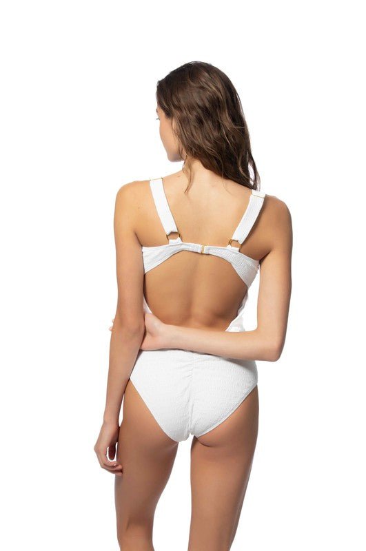 TEXTURED SOLID ONE PIECE SWIMSUIT WITH KNOT FRONT - Chaelisa's New Jammies