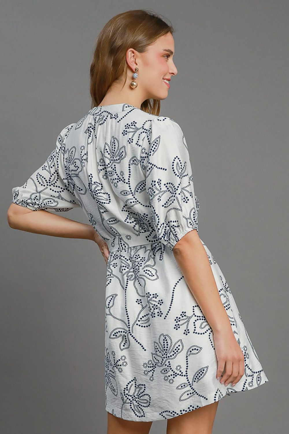 Umgee Full Size Floral Print Notched Puff Sleeve Mini Dress Plus Size - Chaelisa's New Jammies