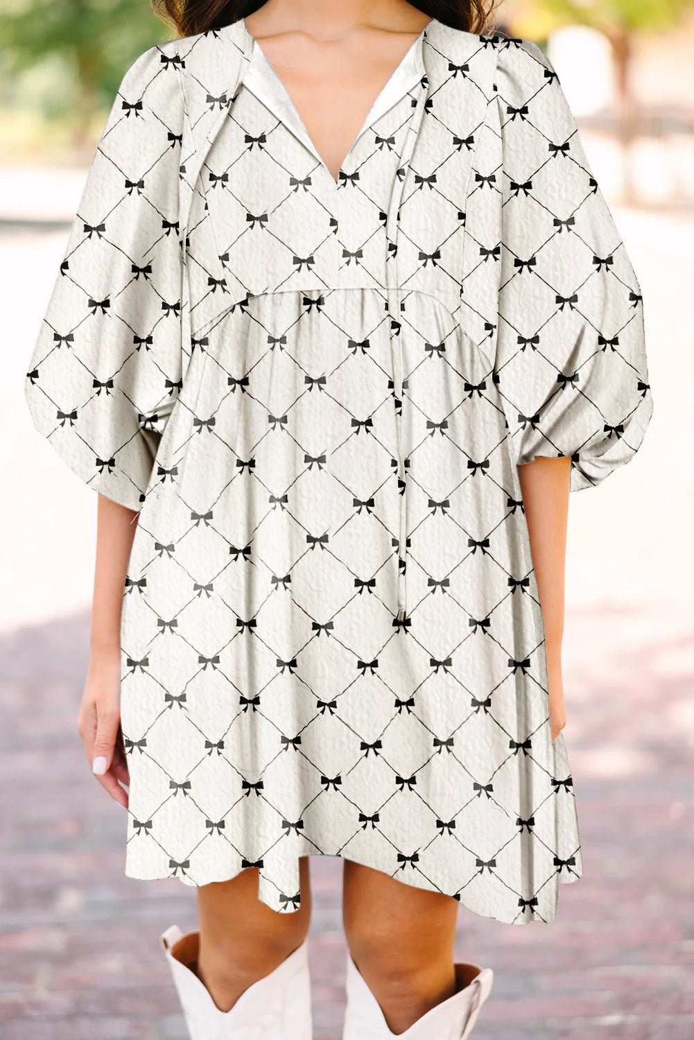 White Bowtie Pattern Textured Puff Half Sleeve Loose Mini Dress - Chaelisa's New Jammies