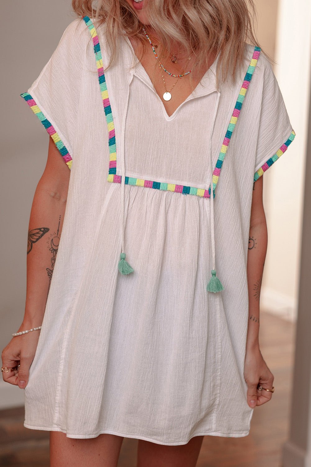 White Colorful Fringed Detail Tassel Tie Neck Short Sleeve Blouse - Chaelisa's New Jammies