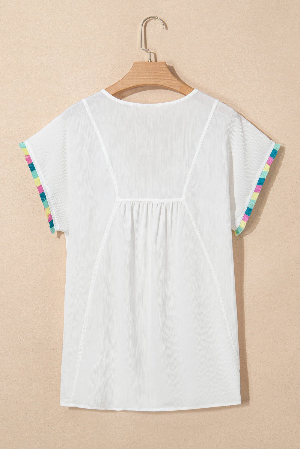 White Colorful Fringed Detail Tassel Tie Neck Short Sleeve Blouse - Chaelisa's New Jammies