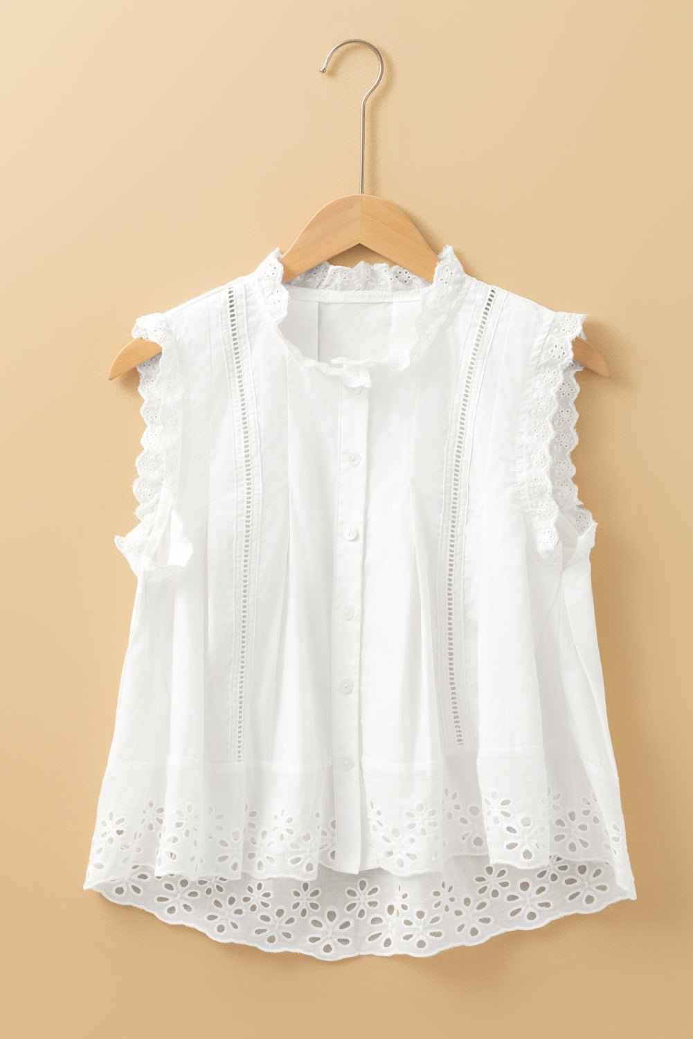 White Solid Color Lace Crochet Eyelets Sleeveless Buttoned Shirt - Chaelisa's New Jammies