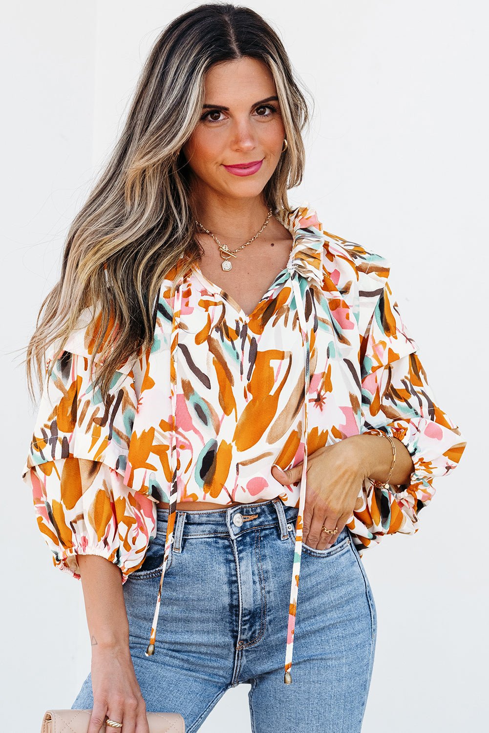 Yellow Abstract Print Drawstring Frilled V Neck 3/4 Sleeve Blouse - Chaelisa's New Jammies