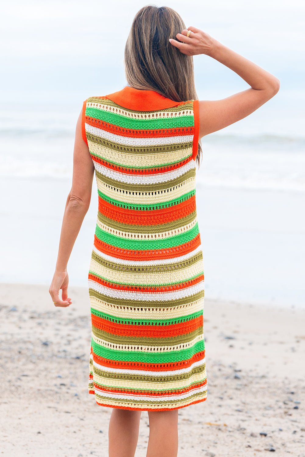 Yellow Stripe Eyelet Sleeveless Buttoned Split Neck Sweater Dress - Chaelisa's New Jammies