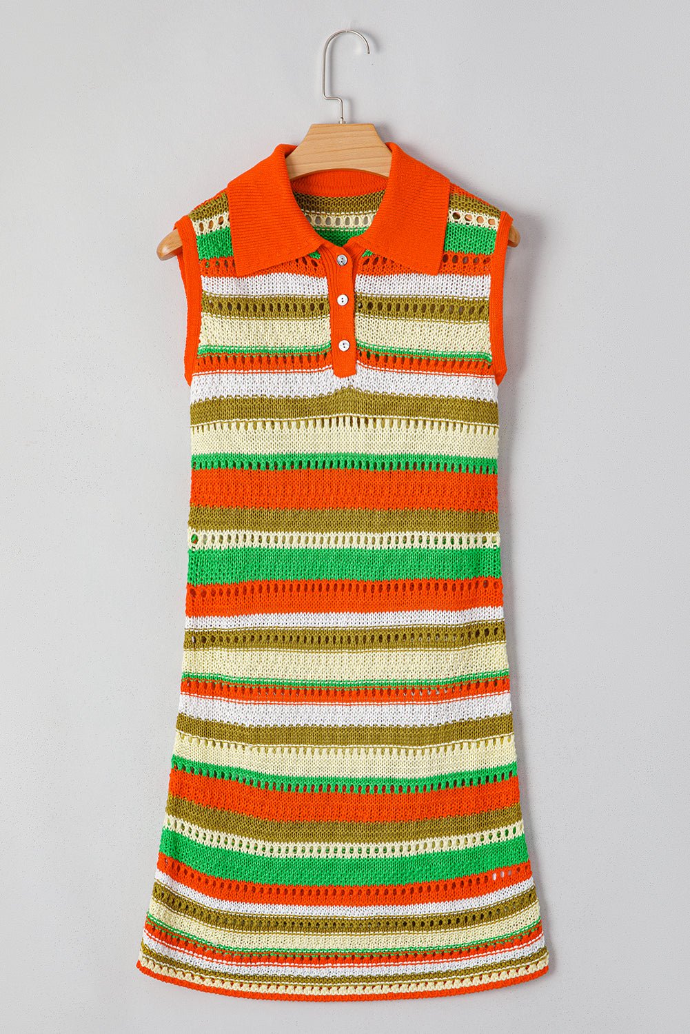 Yellow Stripe Eyelet Sleeveless Buttoned Split Neck Sweater Dress - Chaelisa's New Jammies