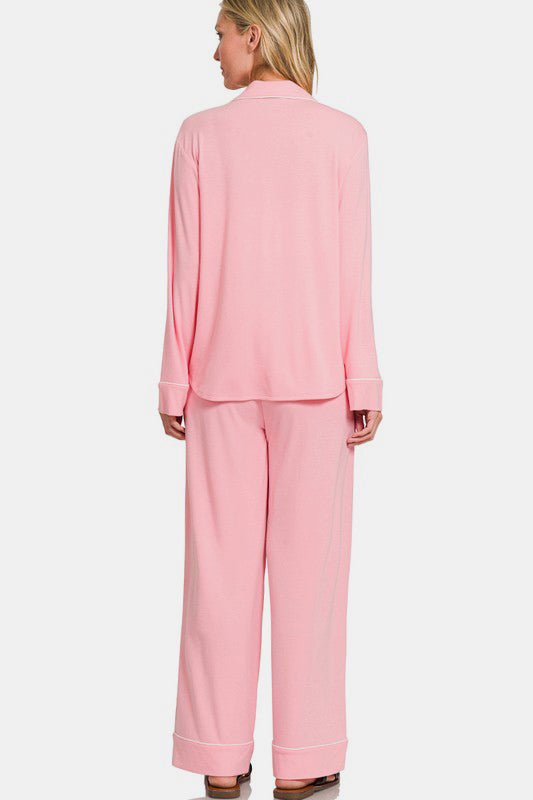 Zenana Button Down Long Sleeve Top and Pants Lounge Set - Chaelisa's New Jammies