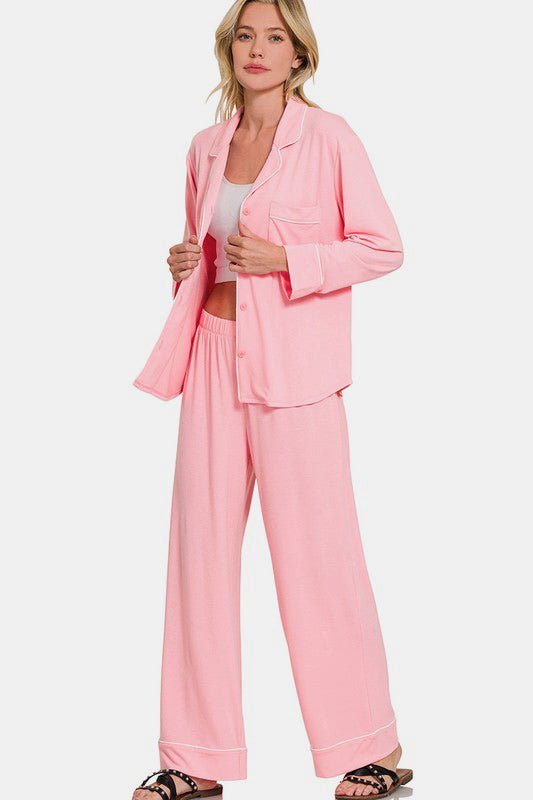 Zenana Button Down Long Sleeve Top and Pants Lounge Set - Chaelisa's New Jammies