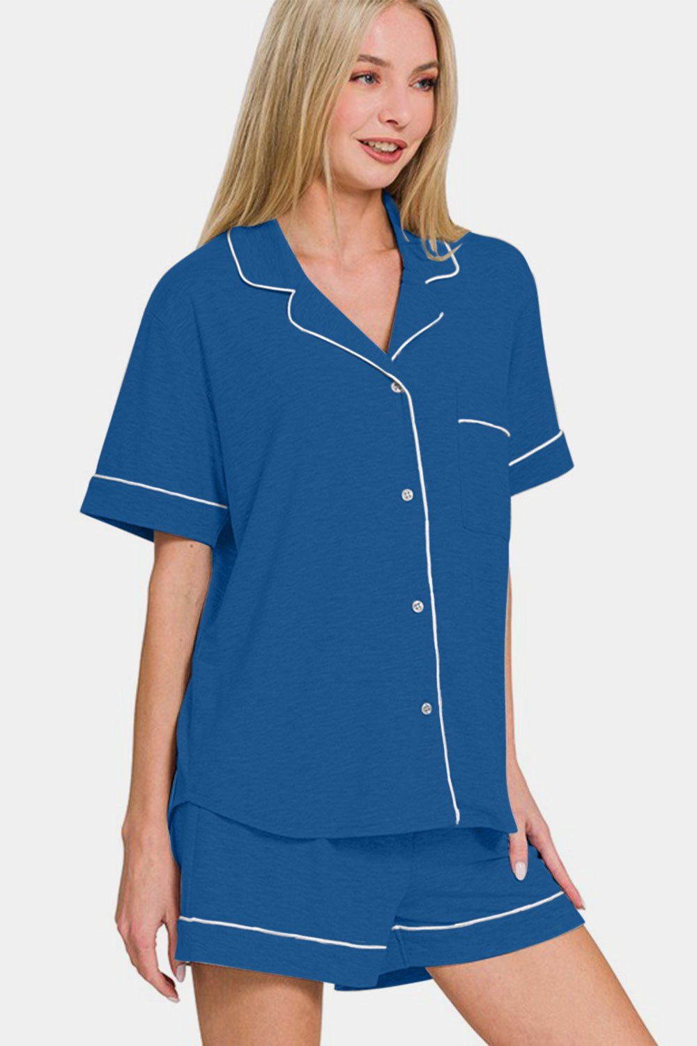 Zenana Button Down Short Sleeve Top and Shorts Lounge Set - Chaelisa's New Jammies