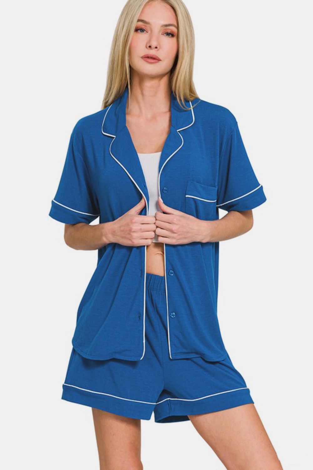 Zenana Button Down Short Sleeve Top and Shorts Lounge Set - Chaelisa's New Jammies