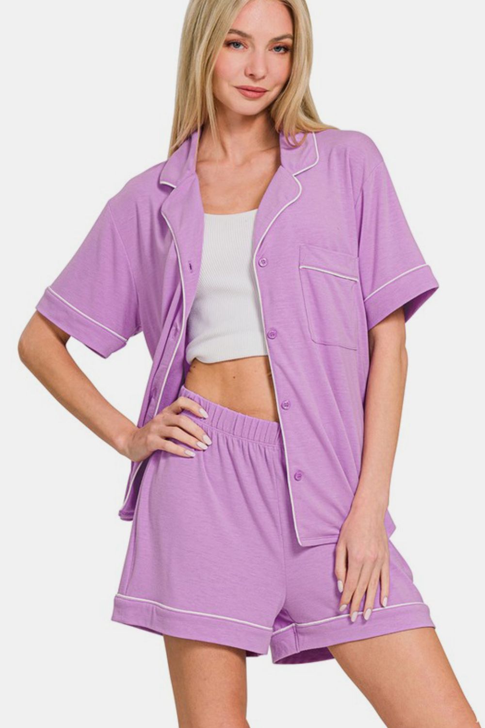 Zenana Button Down Short Sleeve Top and Shorts Lounge Set - Chaelisa's New Jammies