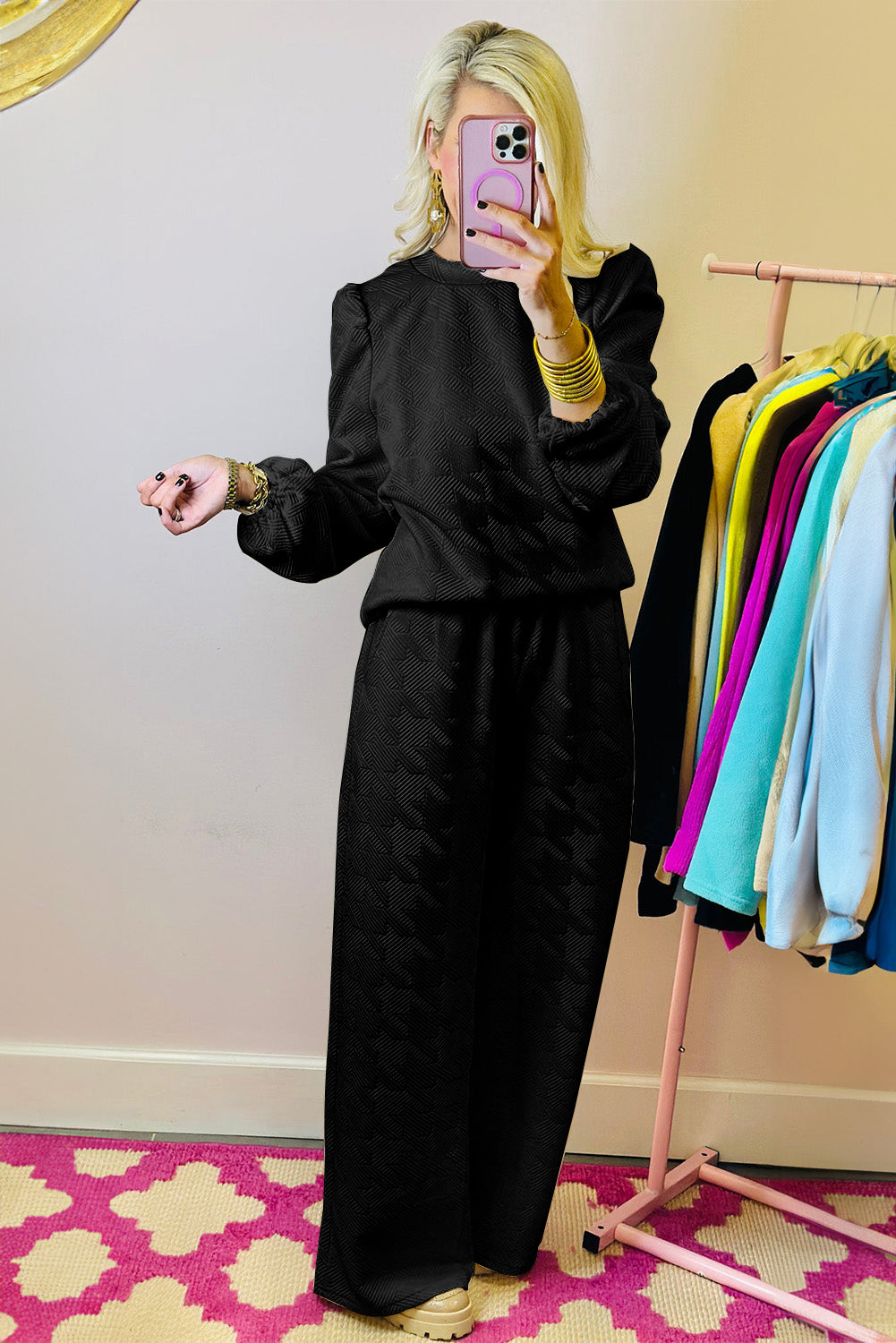 Black Textured Puff Sleeve Top and Pants Set-Chaelisa's New Jammies