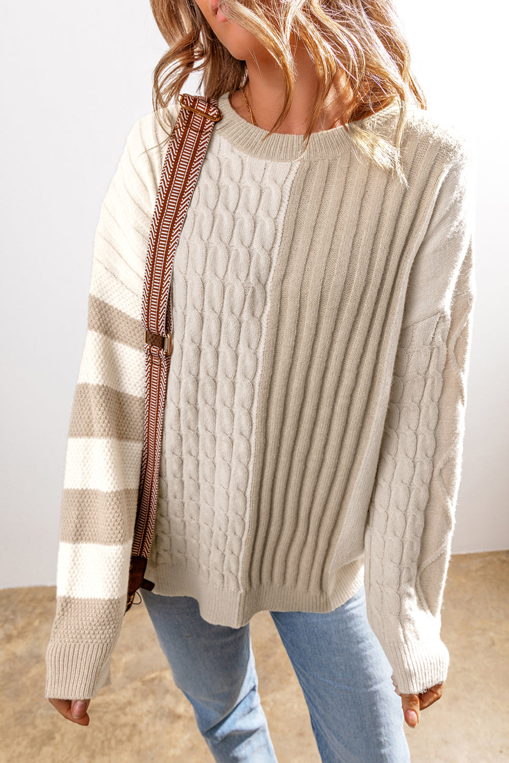 Khaki Cable Knit Colorblock Crew Neck Drop Shoulder Sweater-Chaelisa's New Jammies