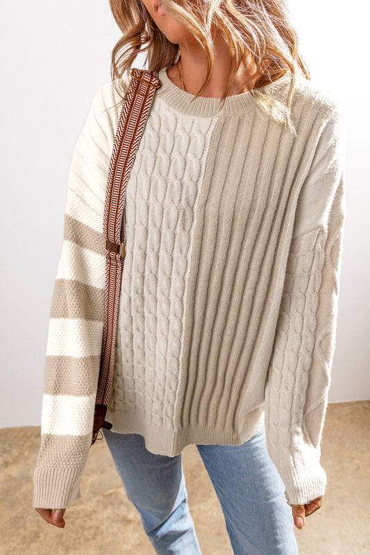 Khaki Cable Knit Colorblock Crew Neck Drop Shoulder Sweater-Chaelisa's New Jammies