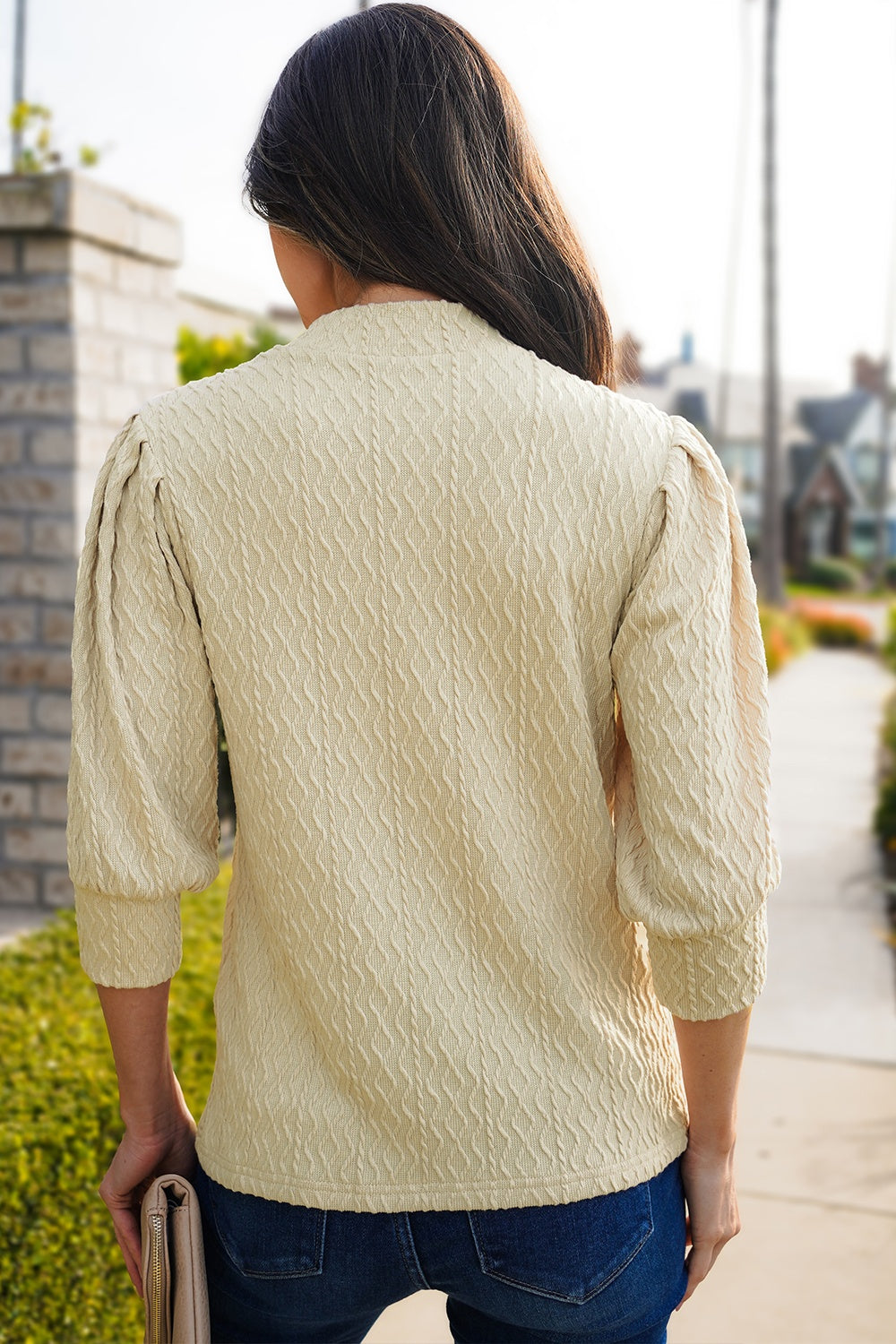 Textured Mock Neck Three-Quarter Sleeve Top-Chaelisa's New Jammies