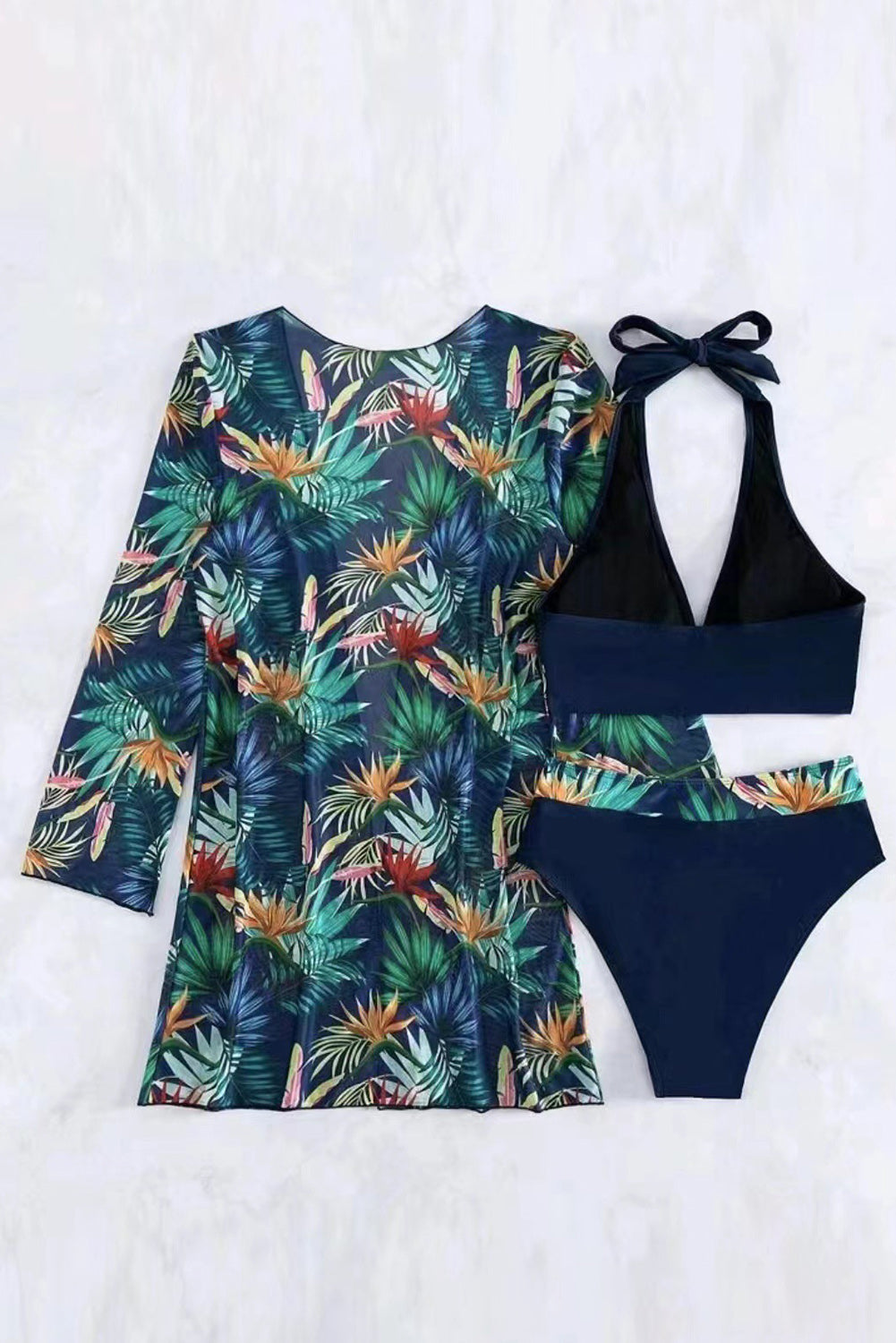 Black 3pcs Tropical Contrast Trim Halter Bikini Set with Cover up-Chaelisa's New Jammies