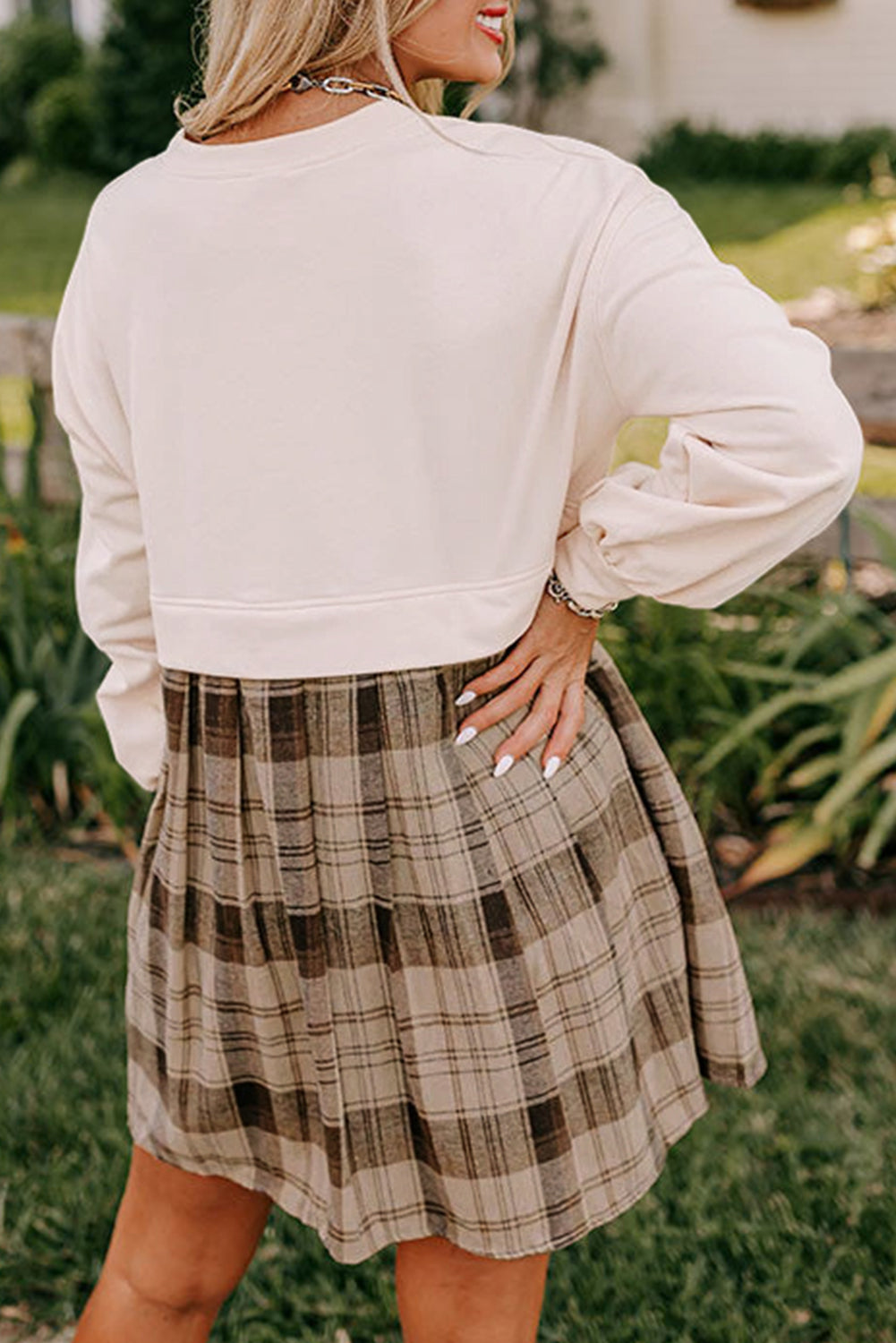 Beige Plaid Patchwork High Waist Sweatshirt Mini Dress-Chaelisa's New Jammies