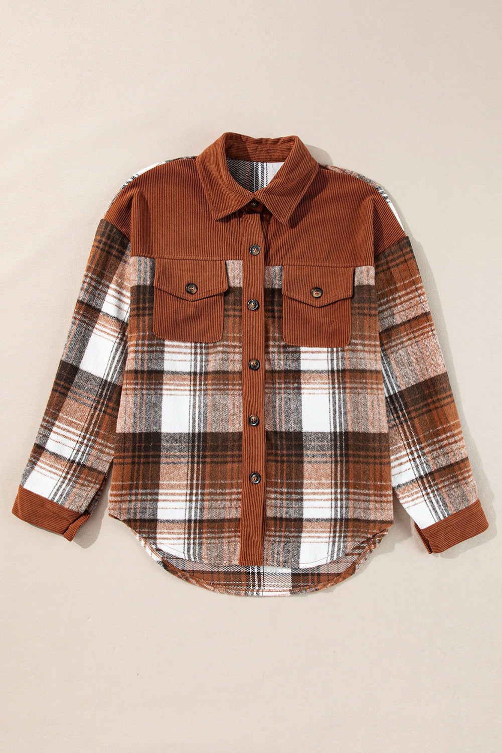 Cinnamon Plaid Corduroy Patchwork Chest Pocket Shacket-Chaelisa's New Jammies