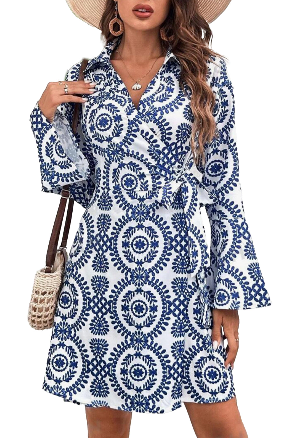 Blue Floral Print V Neck Wrapped Knot Long Sleeve Dress-Chaelisa's New Jammies