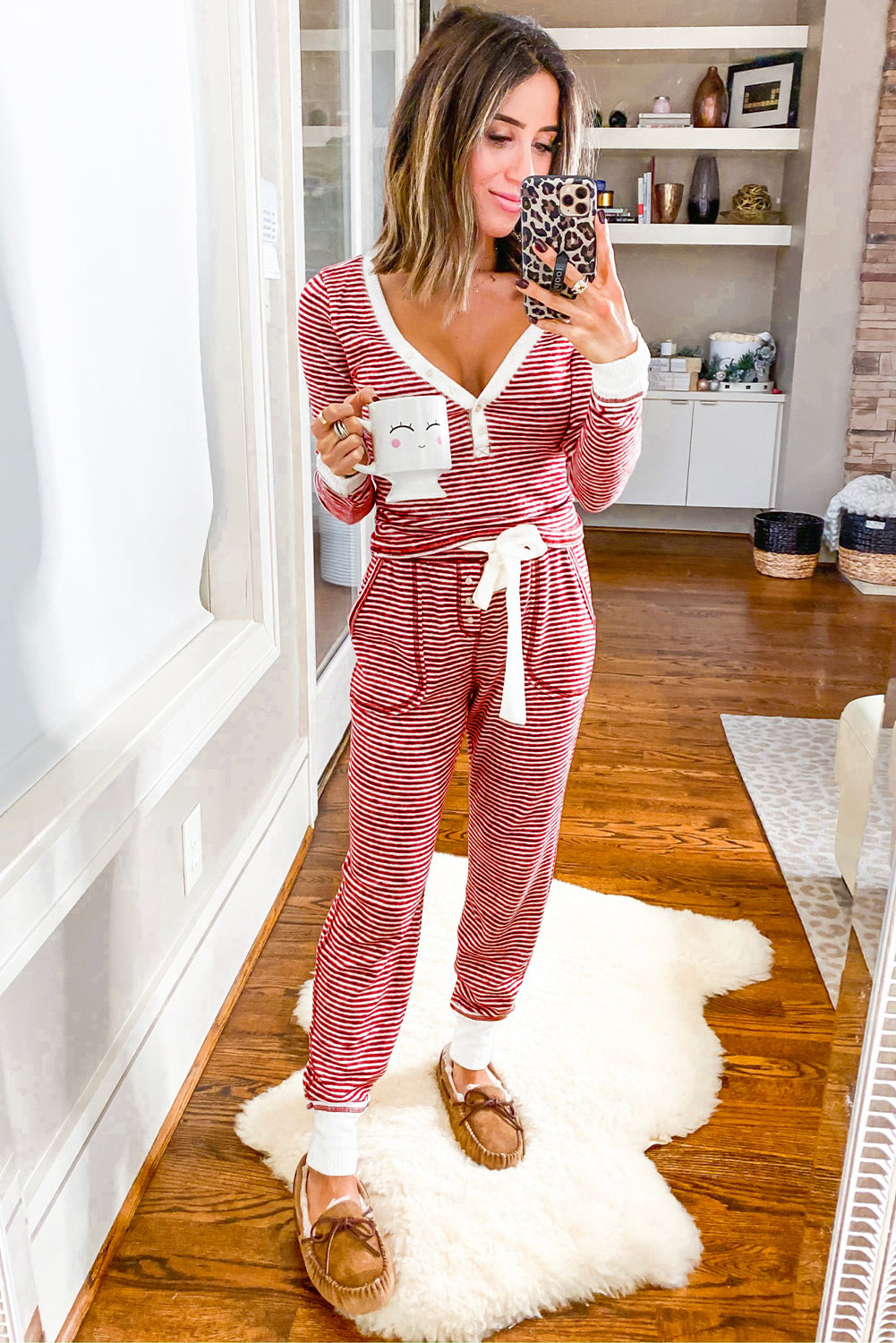 Red Stripe Buttoned V Neck Top and Knotted Waist Pants Lounge Set-Chaelisa's New Jammies