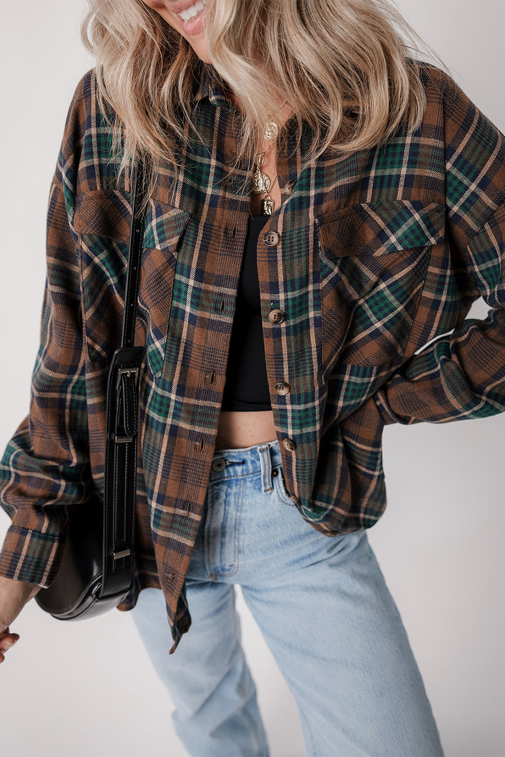 Brown Plaid Print Chest Pockets Buttoned Shirt Jacket-Chaelisa's New Jammies