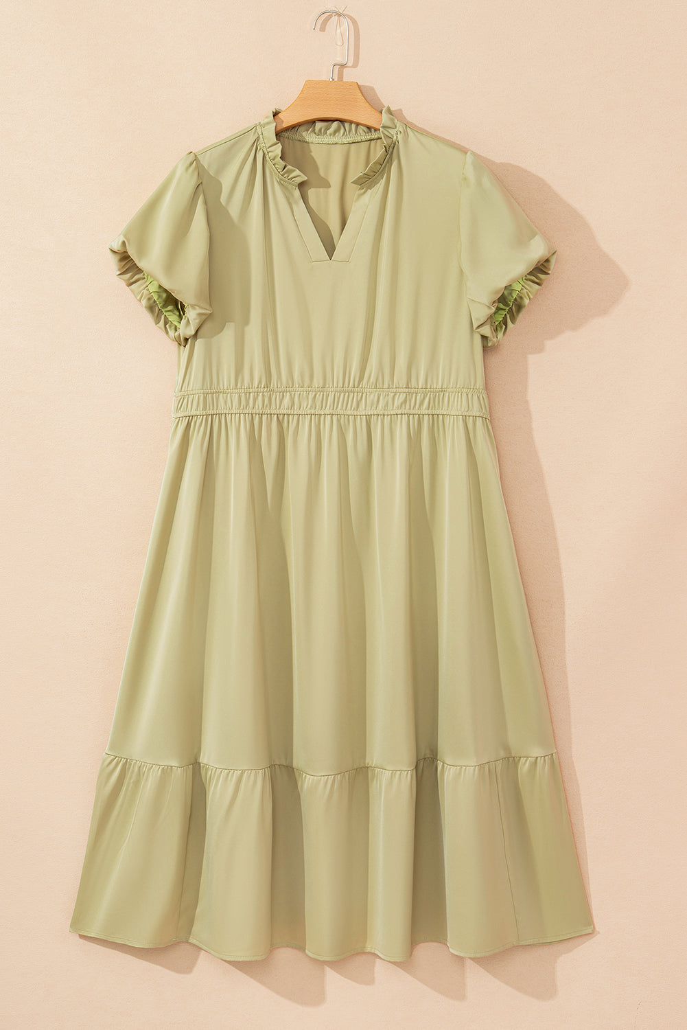 Laurel Green Notched V Neck Puff Sleeve Tiered Plus Size Maxi Dress-Chaelisa's New Jammies