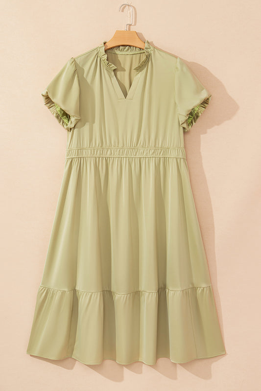 Laurel Green Notched V Neck Puff Sleeve Tiered Plus Size Maxi Dress-Chaelisa's New Jammies