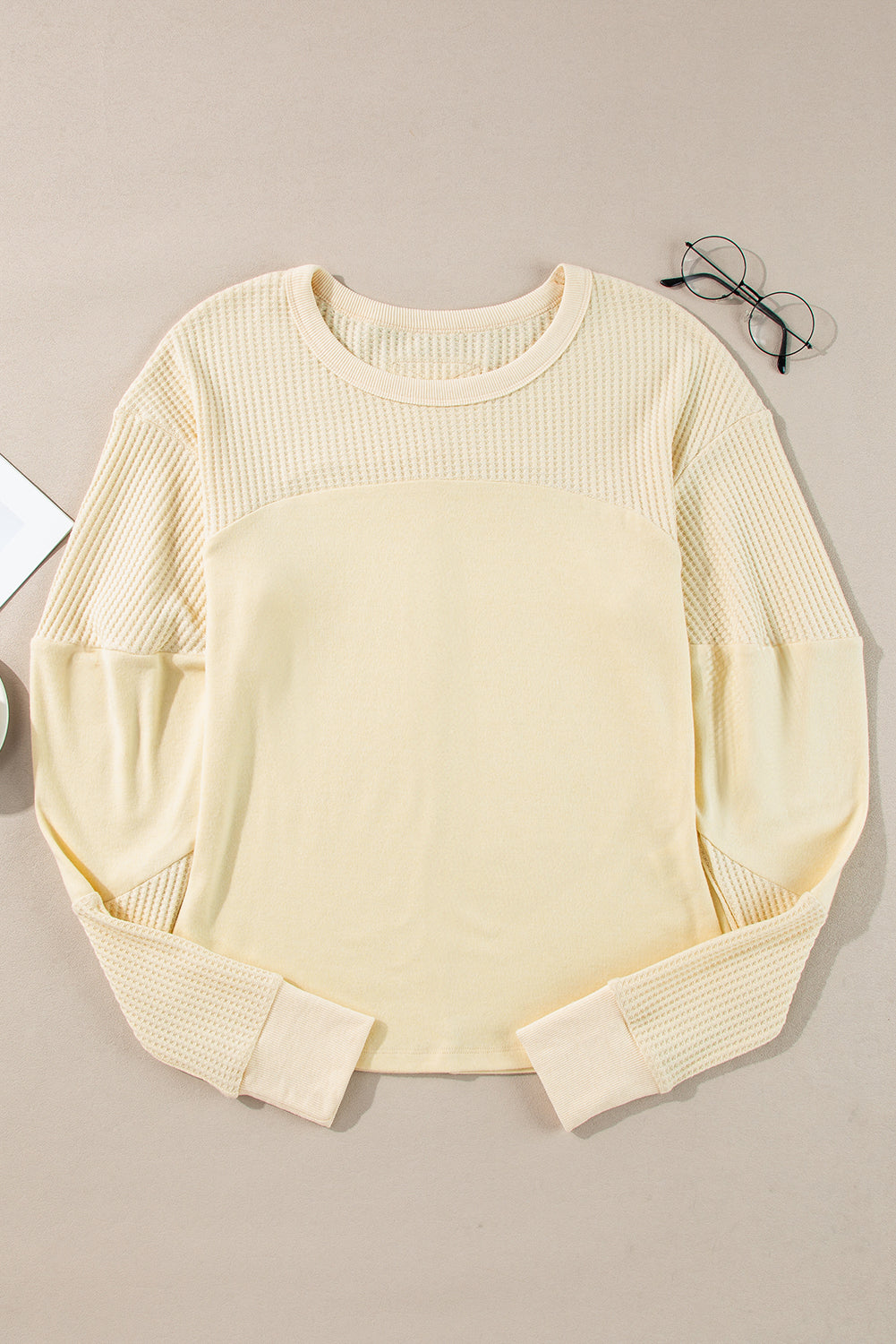 Beige Thermal Knit Patchwork Exposed Seam Long Sleeve Top-Chaelisa's New Jammies