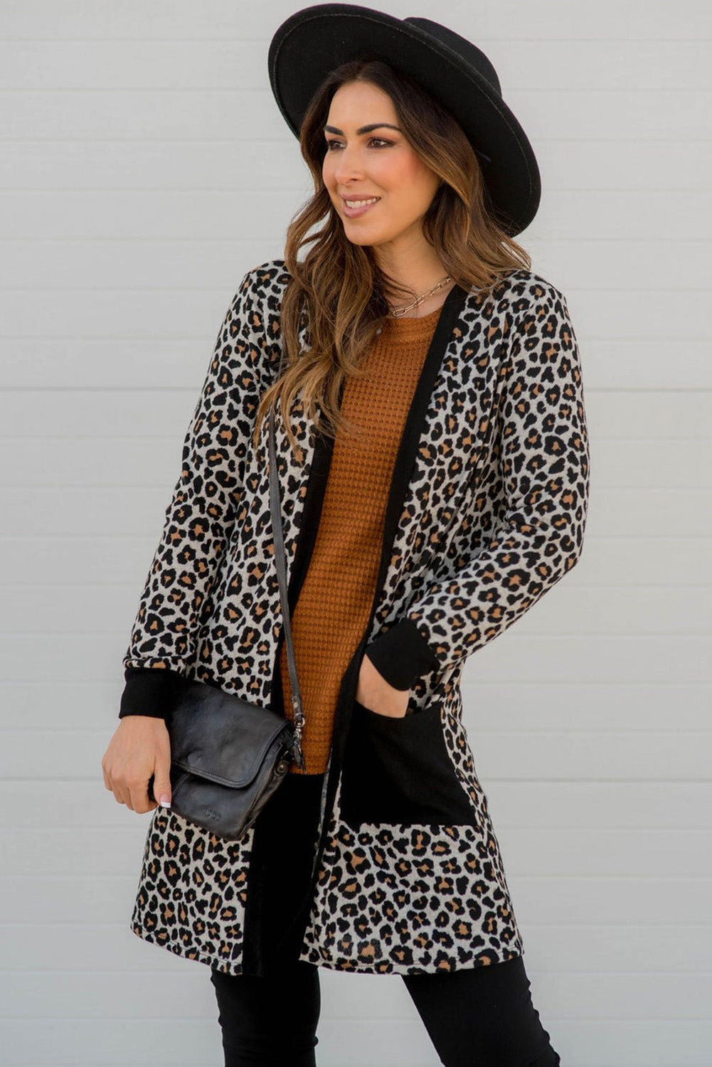 Black Leopard Patched Pocket Open Front Cardigan-Chaelisa's New Jammies