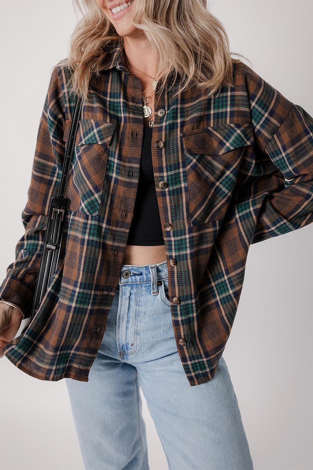 Brown Plaid Print Chest Pockets Buttoned Shirt Jacket-Chaelisa's New Jammies
