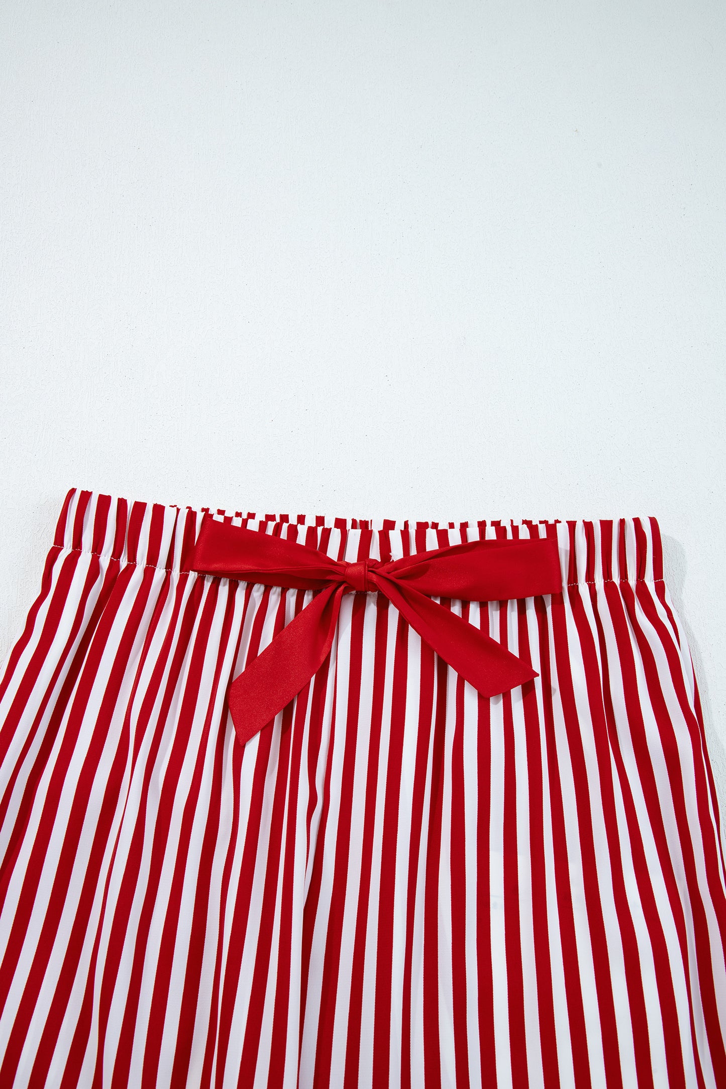 Red Stripe Contrast Velvet Trim Bow Knot Waist 2pcs Pajama Set