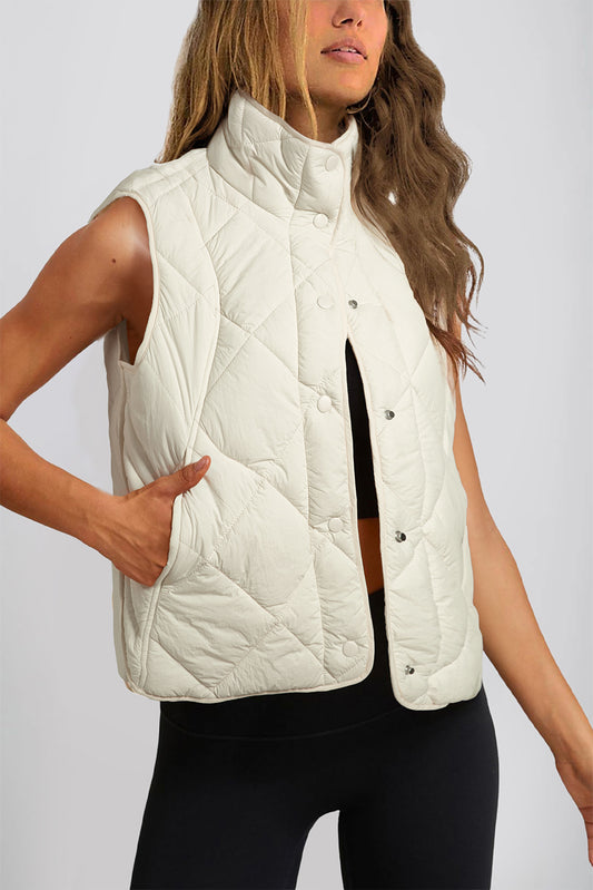 Beige Quilted High Neck Button Up Pocket Vest Coat-Chaelisa's New Jammies
