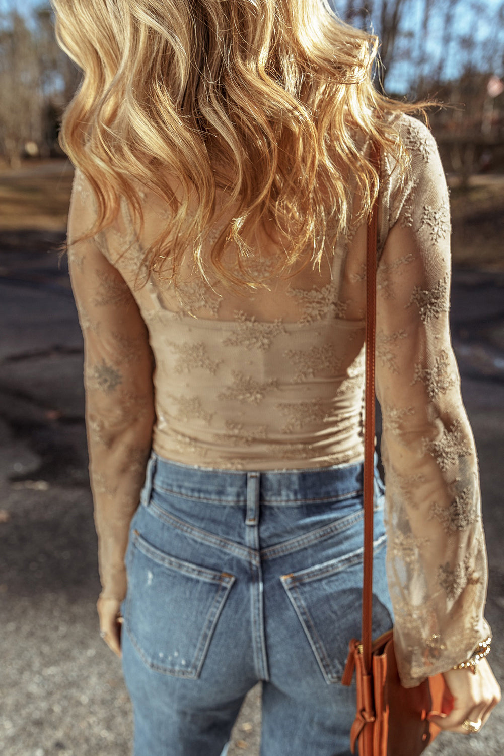 Apricot Lace Mesh Crochet Splicing Slim Fit Long Sleeve Blouse-Chaelisa's New Jammies