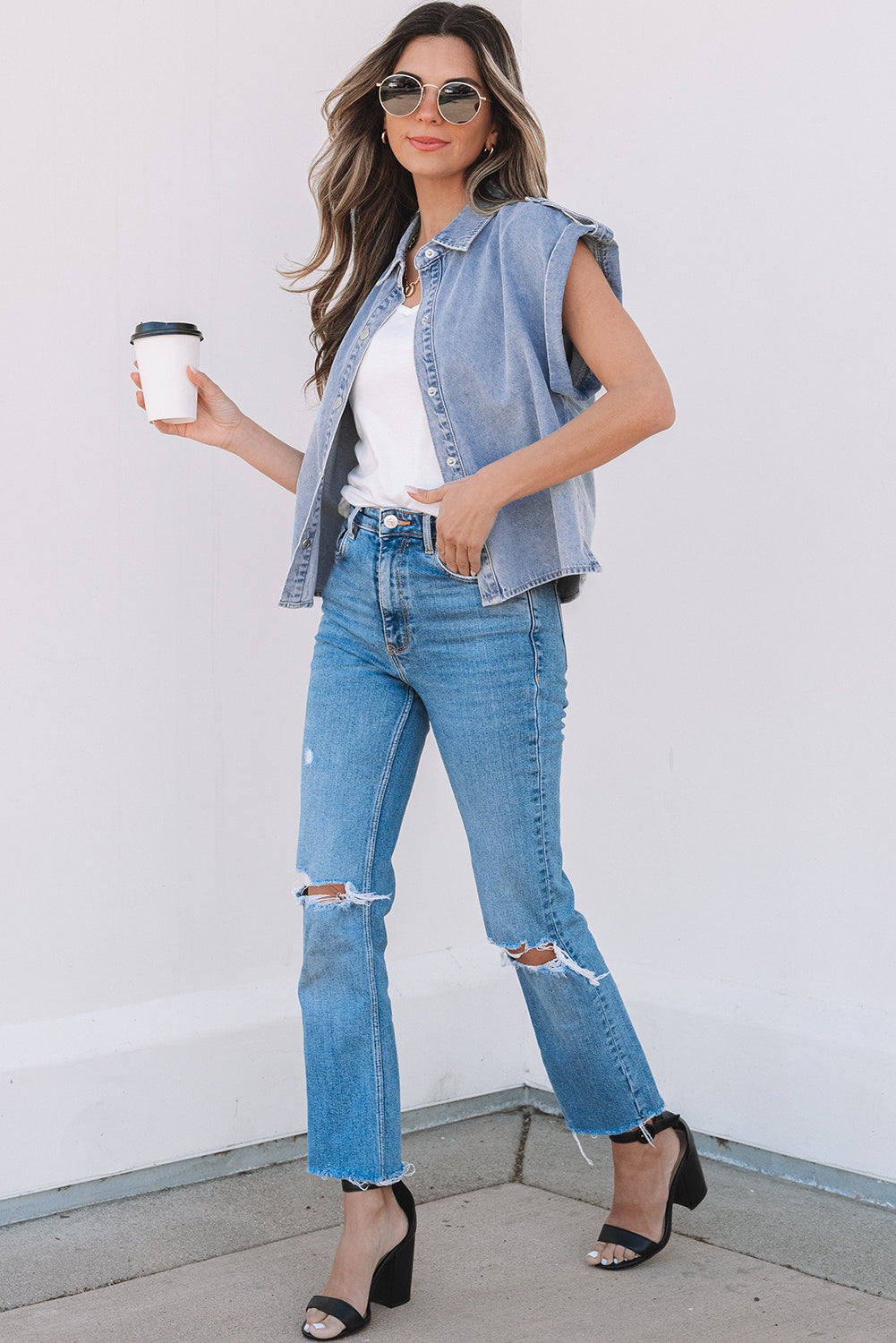 Dusk Blue Denim Pinup Folded Cap Sleeve Shirt-Chaelisa's New Jammies