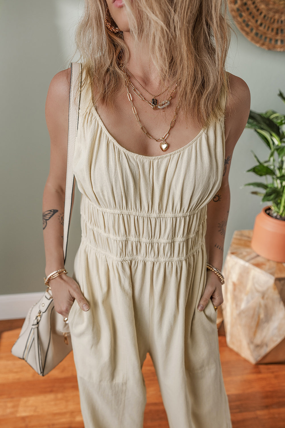 Beige Ruched High Waist Sleeveless Wide Leg Jumpsuit-Chaelisa's New Jammies
