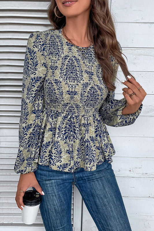 Sky Blue Boho Printed Balloon Sleeve Smocked Peplum Blouse-Chaelisa's New Jammies