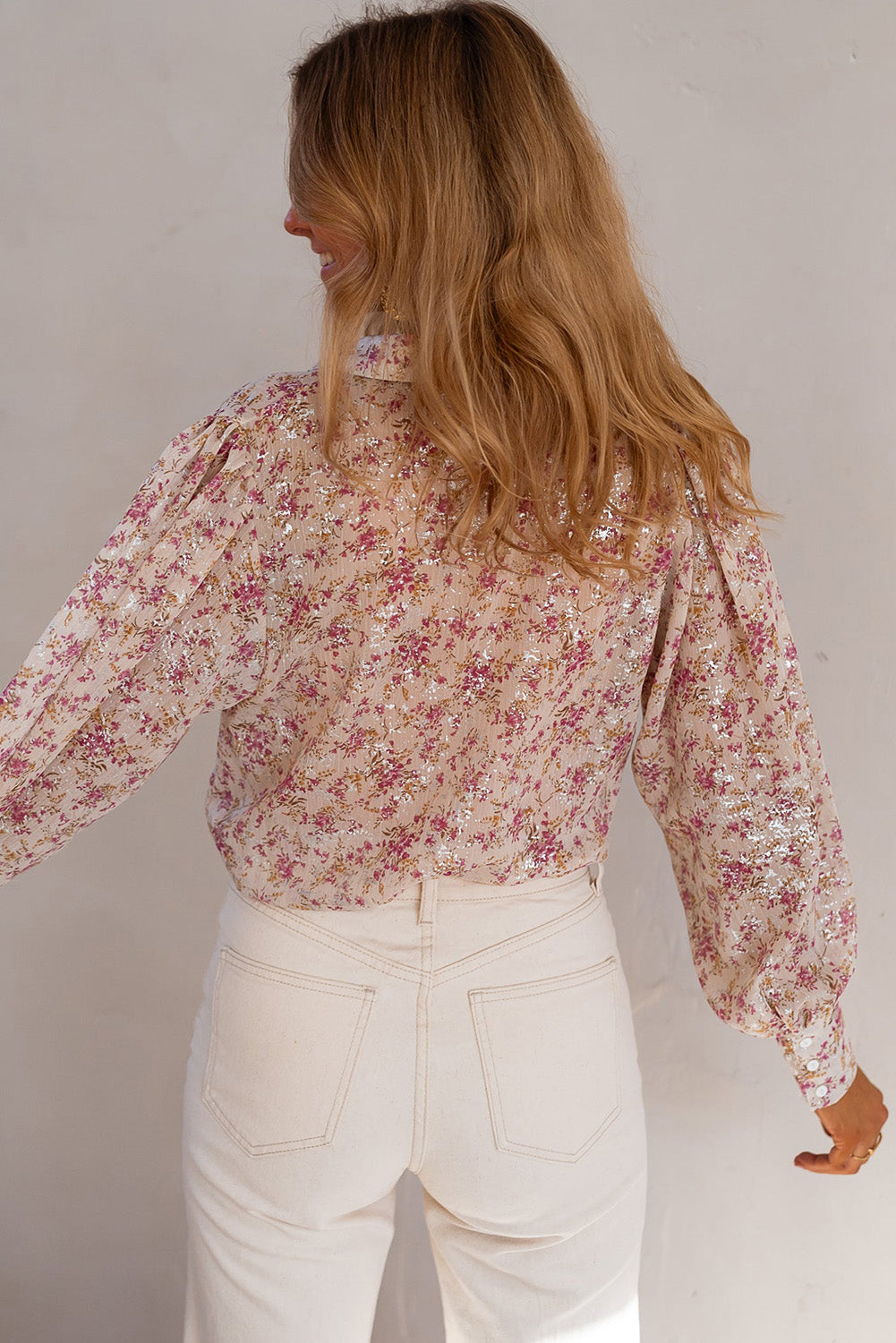 Pink Floral Print Bishop Sleeve Collared V Neck Shirt-Chaelisa's New Jammies
